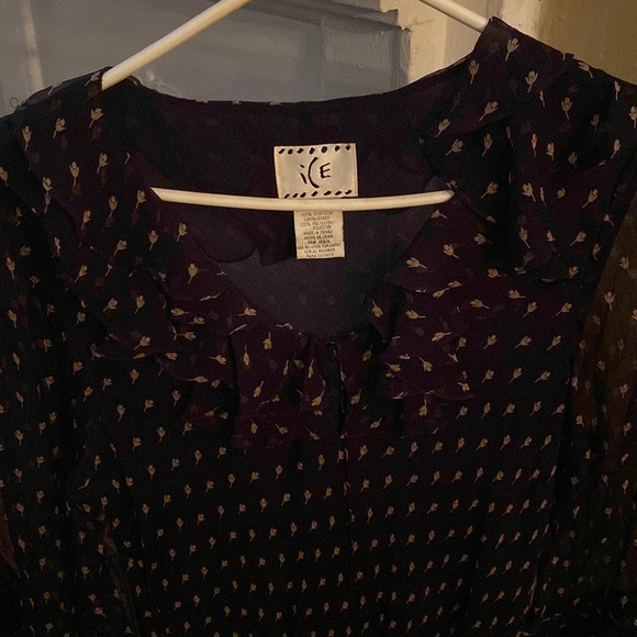 Black silk dress with sheer sleeves w/ruffles at elbows and neckline. Romantic! - Picture 3 of 3